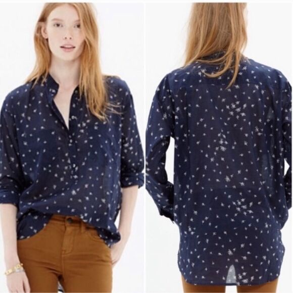 Madewell Blue Collarless Popover Shirt Rosebud Navy Blue Size Small - Picture 1 of 10